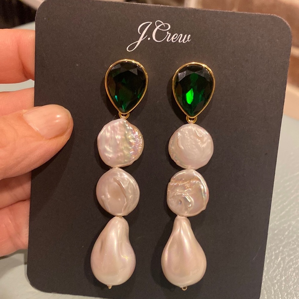 J Crew Pearl and emerald statement earrings 2023.